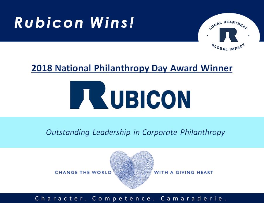 Rubicon Wins Local Chapter’s National Philanthropy Day Award, Graphic with text: Rubicon Wins! 2018 National Philanthropy Day Award Winner: Rubicon Outstanding Leadership in Corporate Philanthropy Change the world with a giving heart